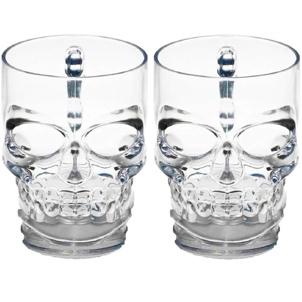 Skull Face Drinking‎ Mugs Set of 2 Cups Circleware Clear Heavy Base Halloween